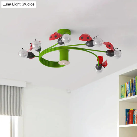 Semi Flush Kids 6-Light Metal Ceiling Lighting Fixture - Green Twisted Vine Design With Butterfly