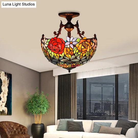 Bronze Blossom Semi Flush Ceiling Mount With Cut Glass Shades - Mediterranean 3 Lights