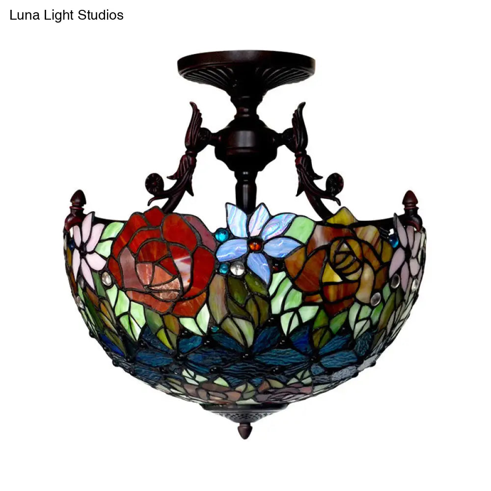 Semi Flush Mediterranean Bronze Blossom Ceiling Mount With Red/Orange/Green Cut Glass - Ideal For
