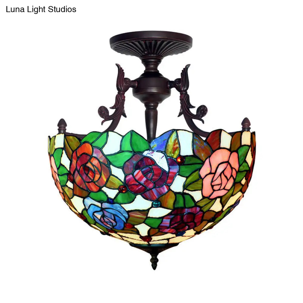 Bronze Blossom Semi Flush Ceiling Mount With Cut Glass Shades - Mediterranean 3 Lights