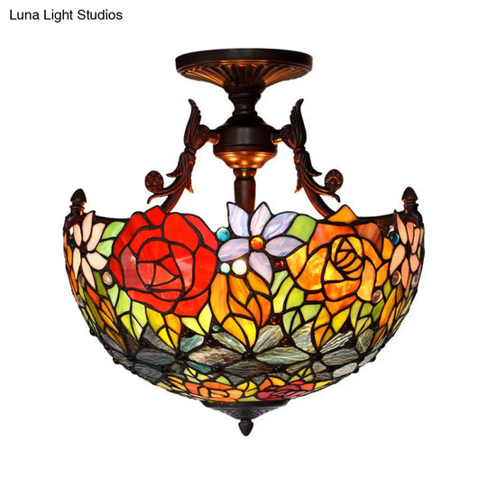 Bronze Blossom Semi Flush Ceiling Mount With Cut Glass Shades - Mediterranean 3 Lights