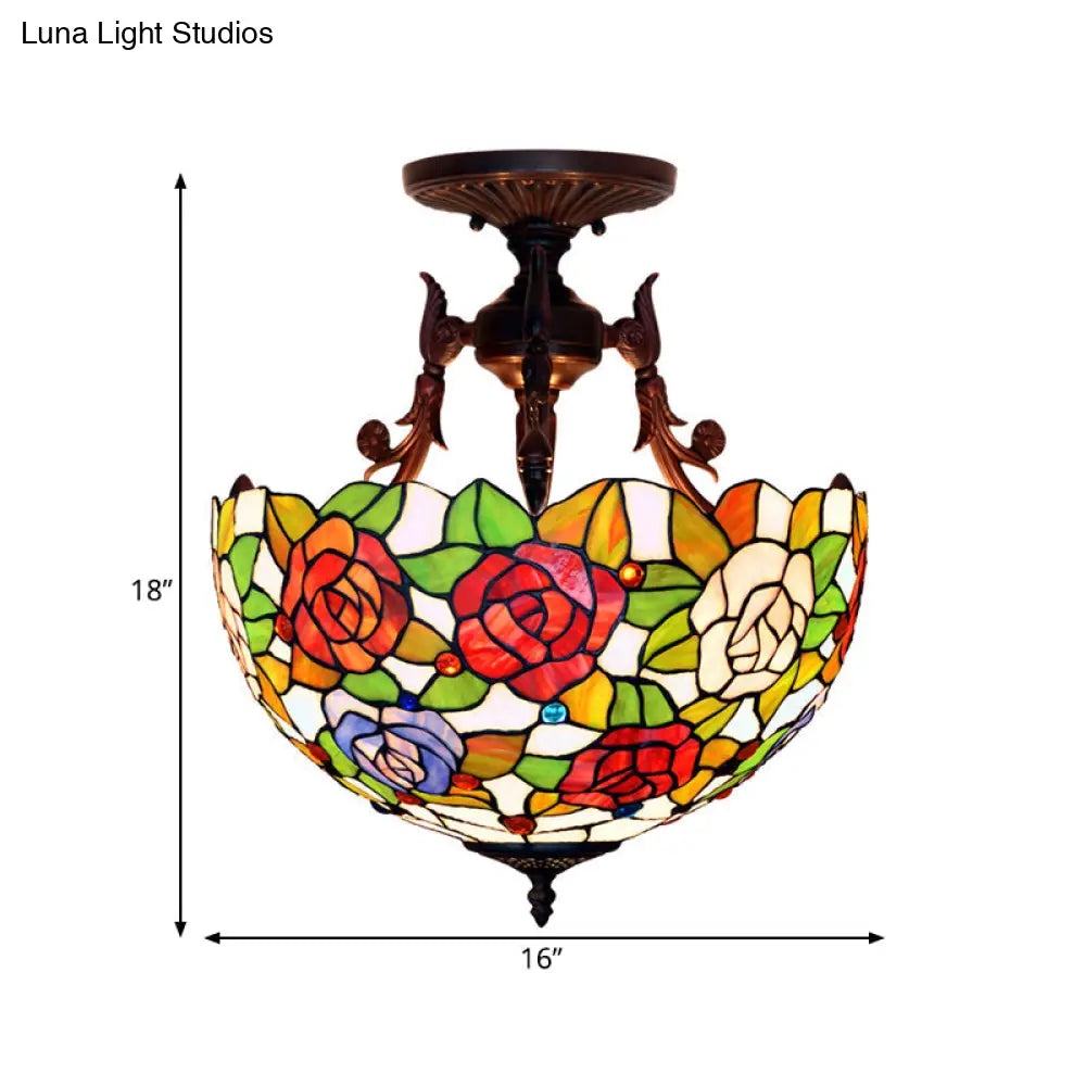 Semi Flush Mediterranean Bronze Blossom Ceiling Mount With Red/Orange/Green Cut Glass - Ideal For