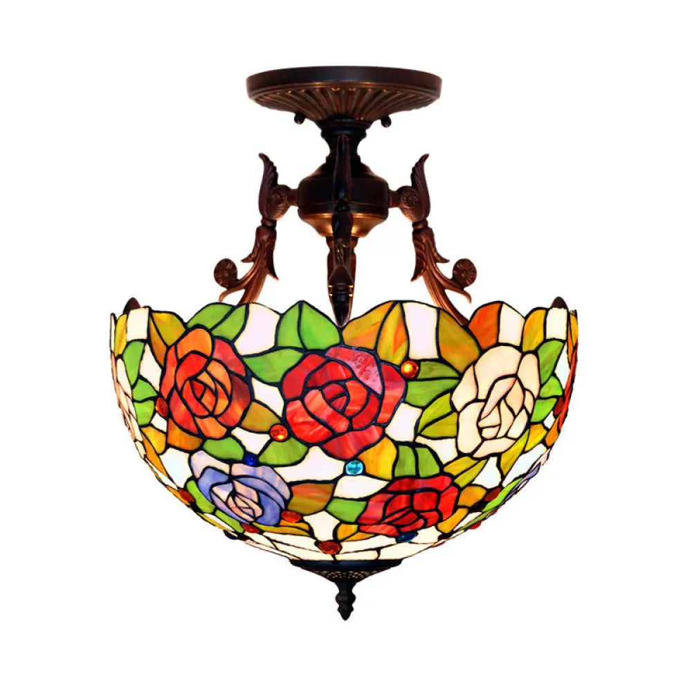 Semi Flush Mediterranean Bronze Blossom Ceiling Mount With Red/Orange/Green Cut Glass - Ideal For