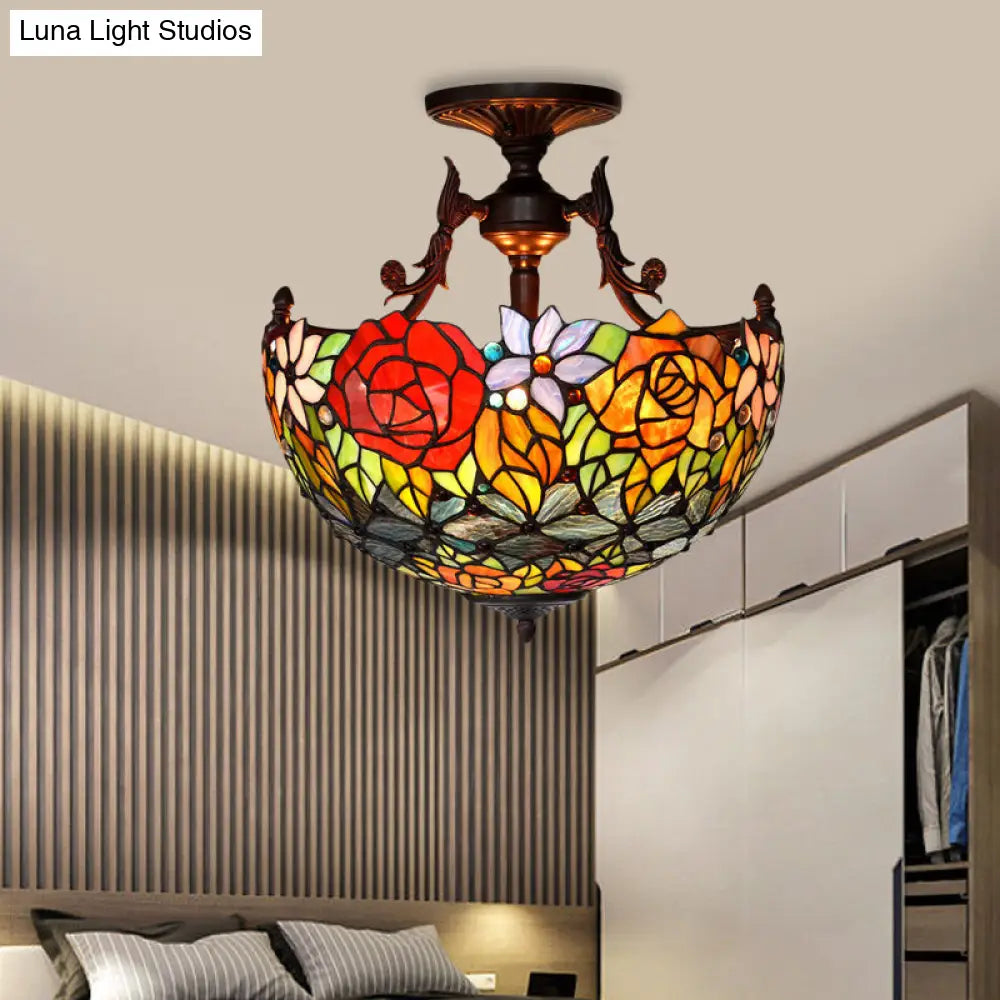 Bronze Blossom Semi Flush Ceiling Mount With Cut Glass Shades - Mediterranean 3 Lights