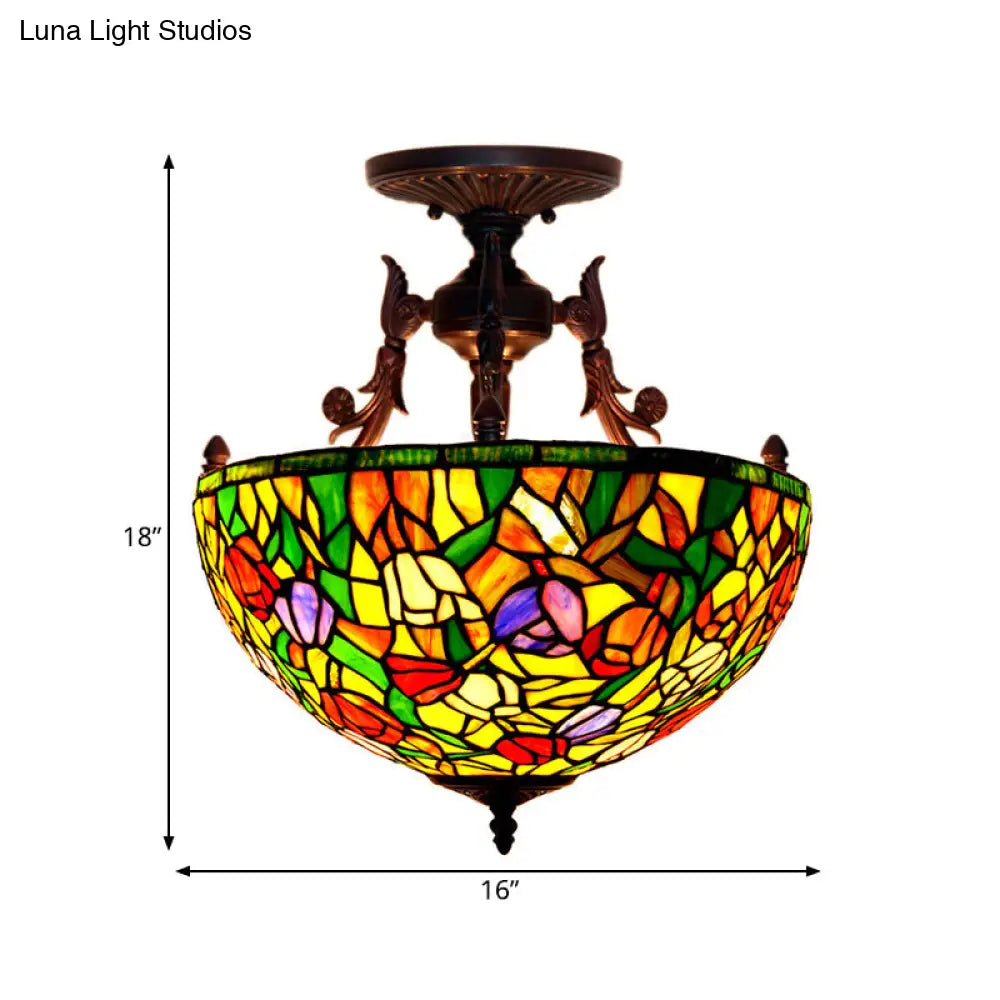 Semi Flush Mediterranean Bronze Blossom Ceiling Mount With Red/Orange/Green Cut Glass - Ideal For