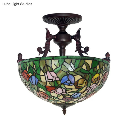 Semi Flush Mediterranean Bronze Blossom Ceiling Mount With Red/Orange/Green Cut Glass - Ideal For