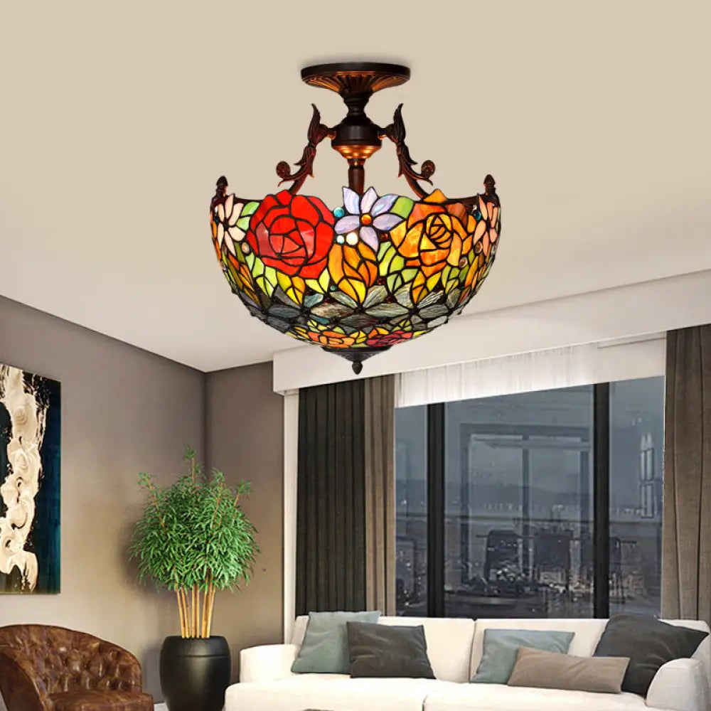 Semi Flush Mediterranean Bronze Blossom Ceiling Mount With Red/Orange/Green Cut Glass - Ideal For
