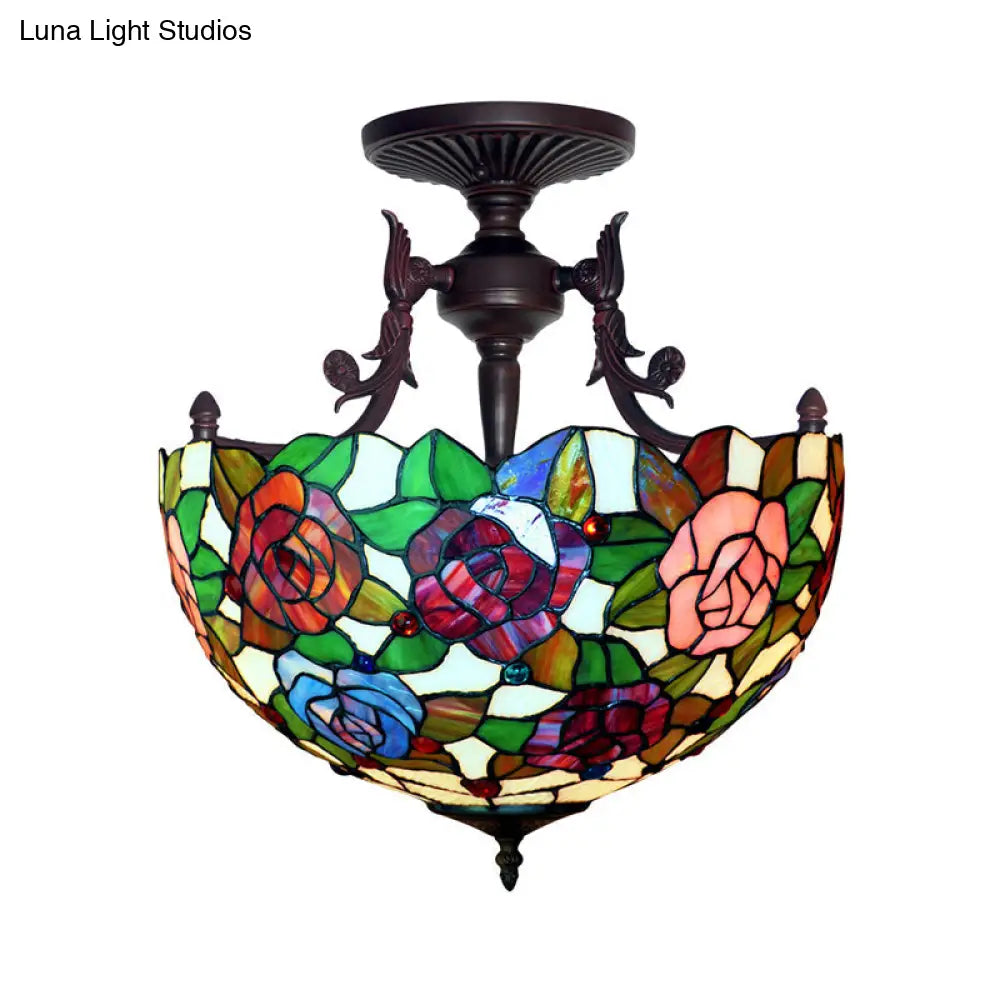 Semi Flush Mediterranean Bronze Blossom Ceiling Mount With Red/Orange/Green Cut Glass - Ideal For