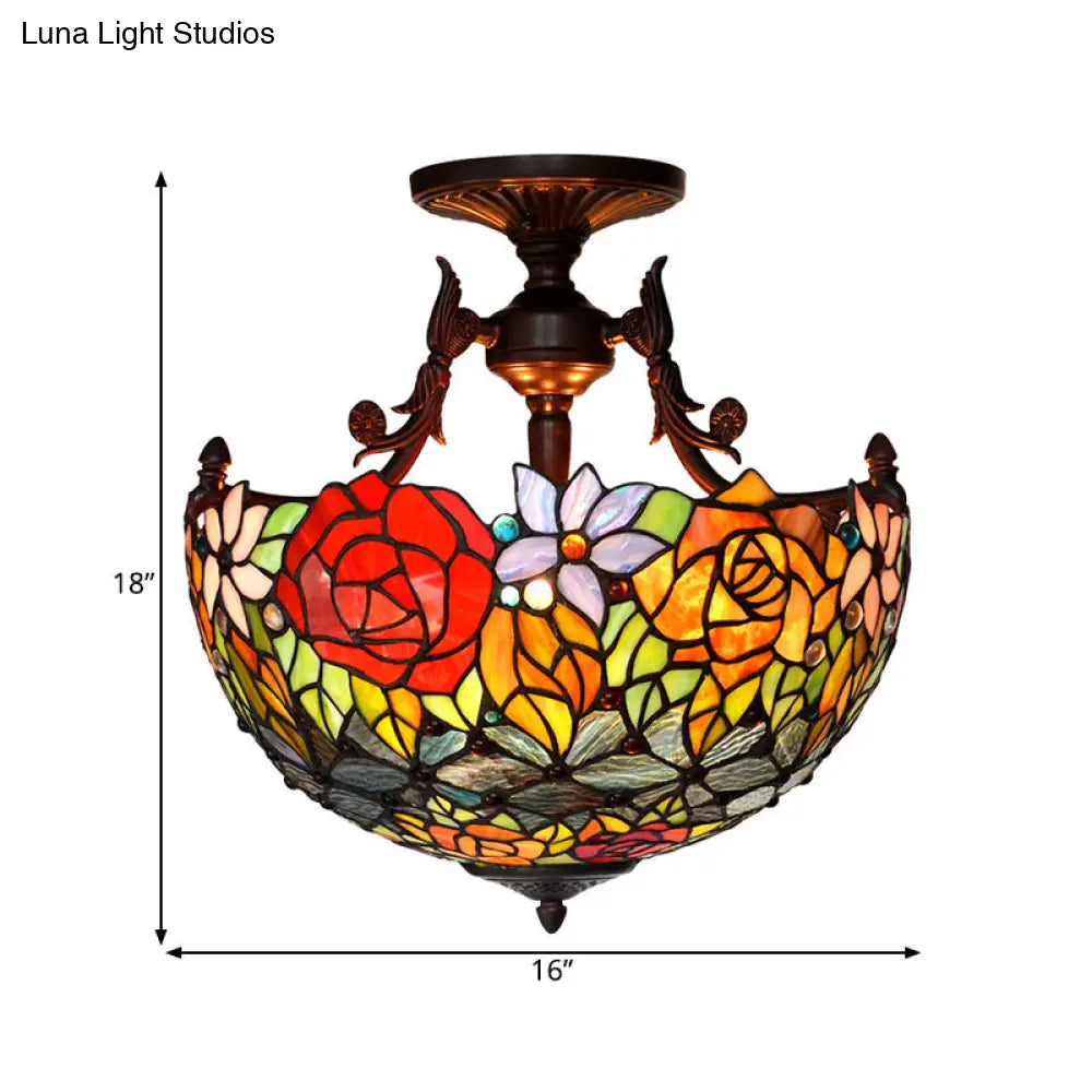 Semi Flush Mediterranean Bronze Blossom Ceiling Mount With Red/Orange/Green Cut Glass - Ideal For