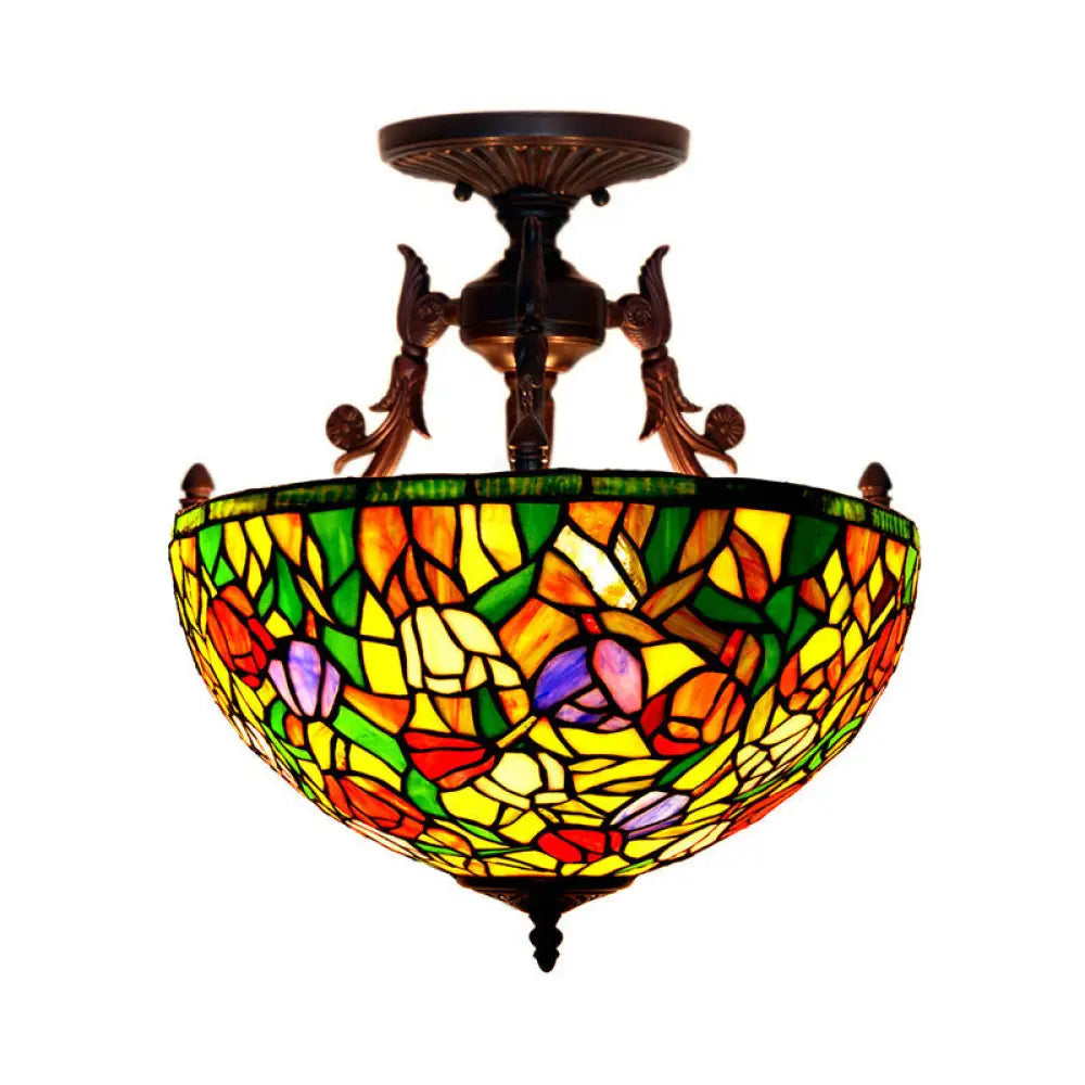 Semi Flush Mediterranean Bronze Blossom Ceiling Mount With Red/Orange/Green Cut Glass - Ideal For