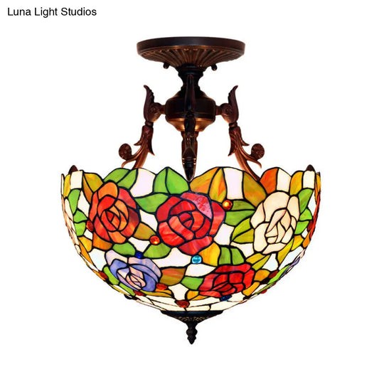 Bronze Blossom Semi Flush Ceiling Mount With Cut Glass Shades - Mediterranean 3 Lights