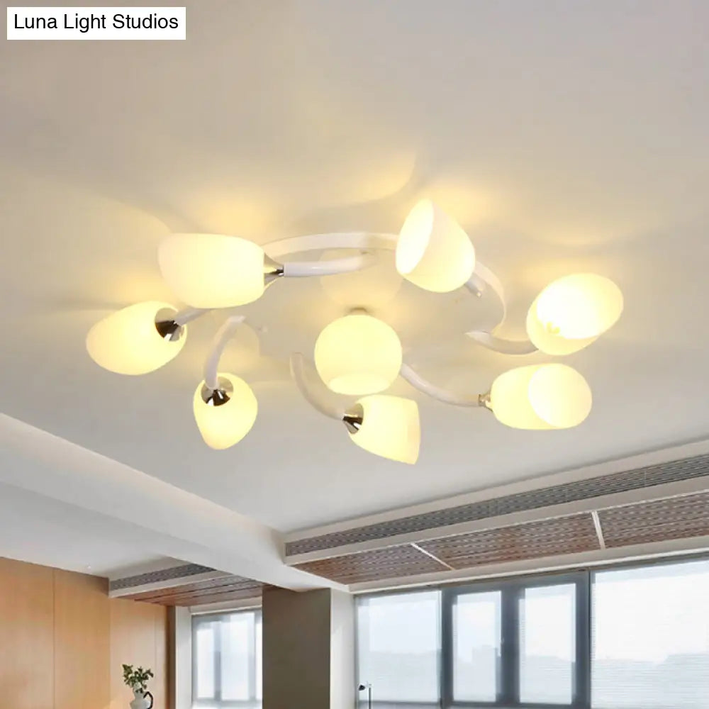 Semi Flush Modern White Spiral 6/8 Light For Living Room With Tulip Opal Glass Shade