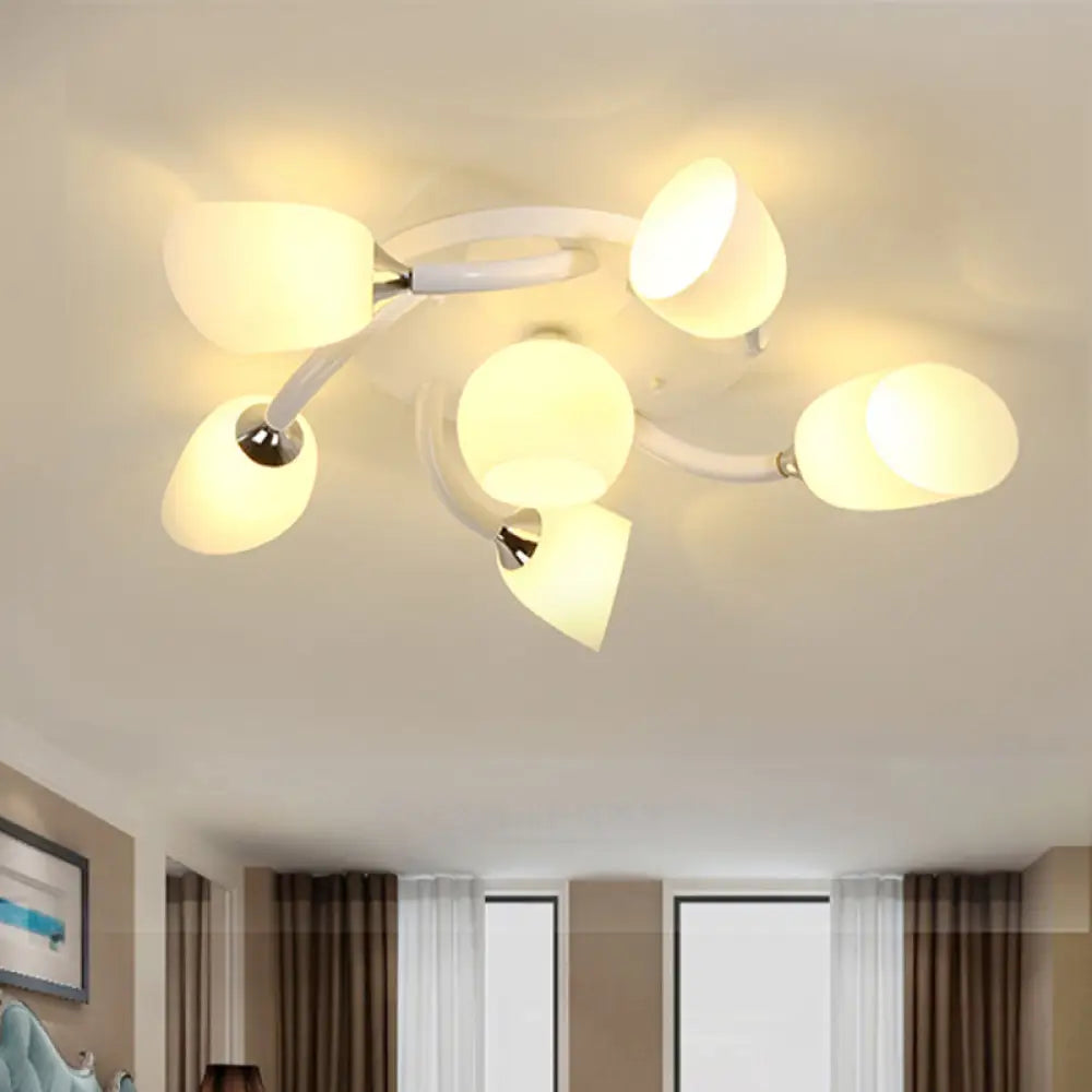 Semi Flush Modern White Spiral 6/8 Light For Living Room With Tulip Opal Glass Shade 6 /