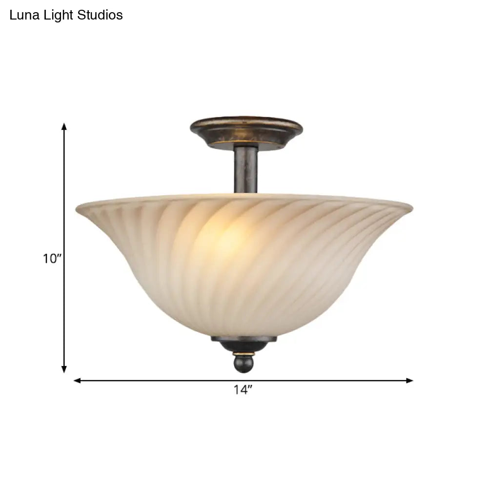 Semi Flush Mount 3 - Head White Glass Light In Countryside Bronze Finish - Ideal For Curved Bedroom