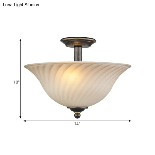 Semi Flush Mount 3-Head White Glass Light In Countryside Bronze Finish - Ideal For Curved Bedroom