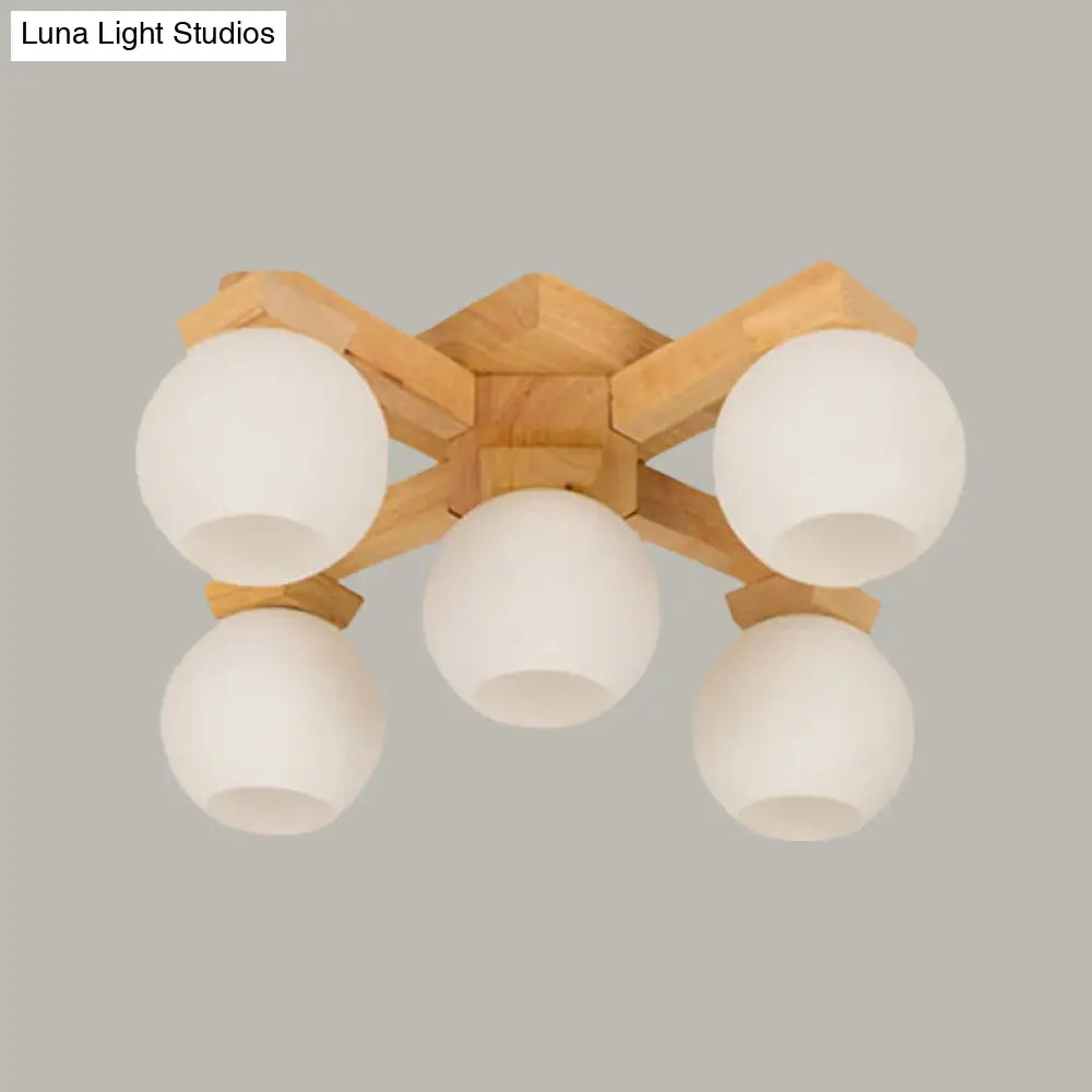 Semi Flush Mount Asian Ceiling Light Fixture - Wood Global Design With 5 Bulbs And White Frosted