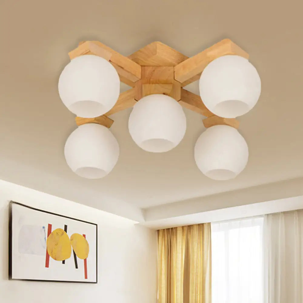 Semi Flush Mount Asian Ceiling Light Fixture - Wood Global Design With 5 Bulbs And White Frosted