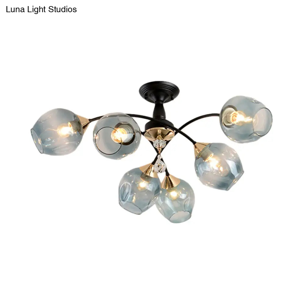 Semi Flush Mount Bedroom Light With Amber/Blue Glass Shade - Modernist Black Led Ceiling Fixture