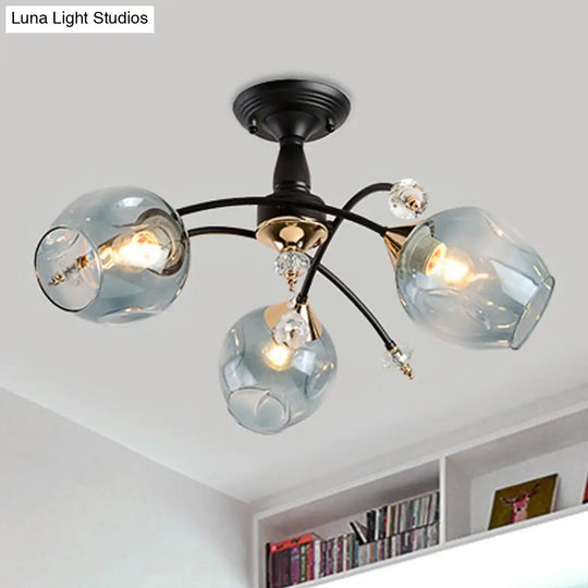 Black Led Semi Flush Ceiling Fixture With Amber/Blue Cup Shape Glass Shades - Modernist Bedroom