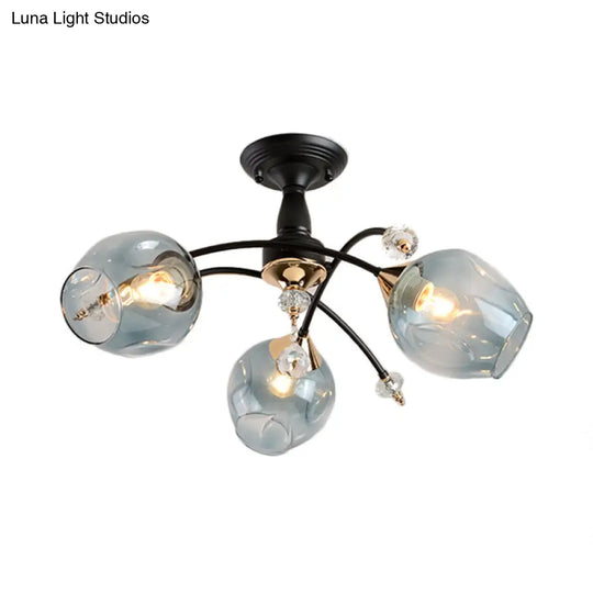 Black Led Semi Flush Ceiling Fixture With Amber/Blue Cup Shape Glass Shades - Modernist Bedroom