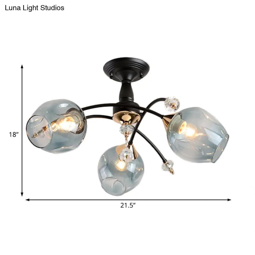 Semi Flush Mount Bedroom Light With Amber/Blue Glass Shade - Modernist Black Led Ceiling Fixture