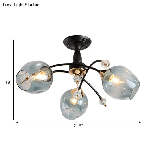 Semi Flush Mount Bedroom Light With Amber/Blue Glass Shade - Modernist Black Led Ceiling Fixture