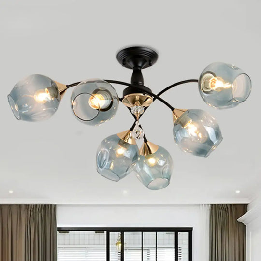 Semi Flush Mount Bedroom Light With Amber/Blue Glass Shade - Modernist Black Led Ceiling Fixture