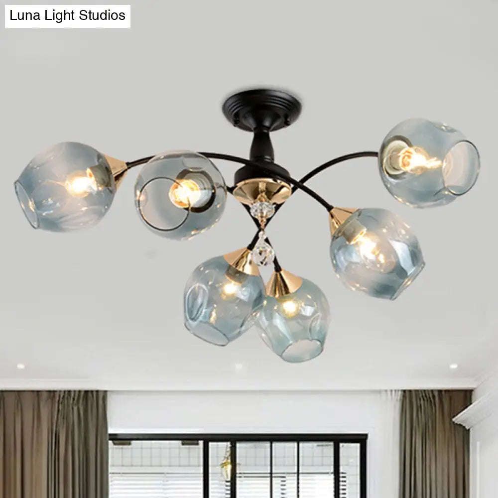 Black Led Semi Flush Ceiling Fixture With Amber/Blue Cup Shape Glass Shades - Modernist Bedroom