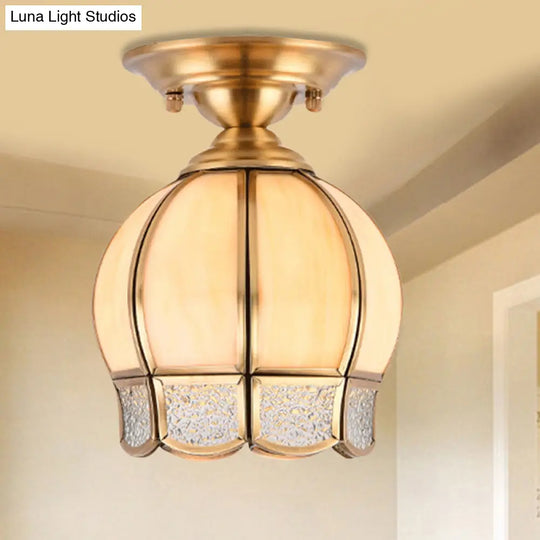 Semi Flush Mount Brass Lamp With Milk Glass Shade - Ceiling Light For Balcony