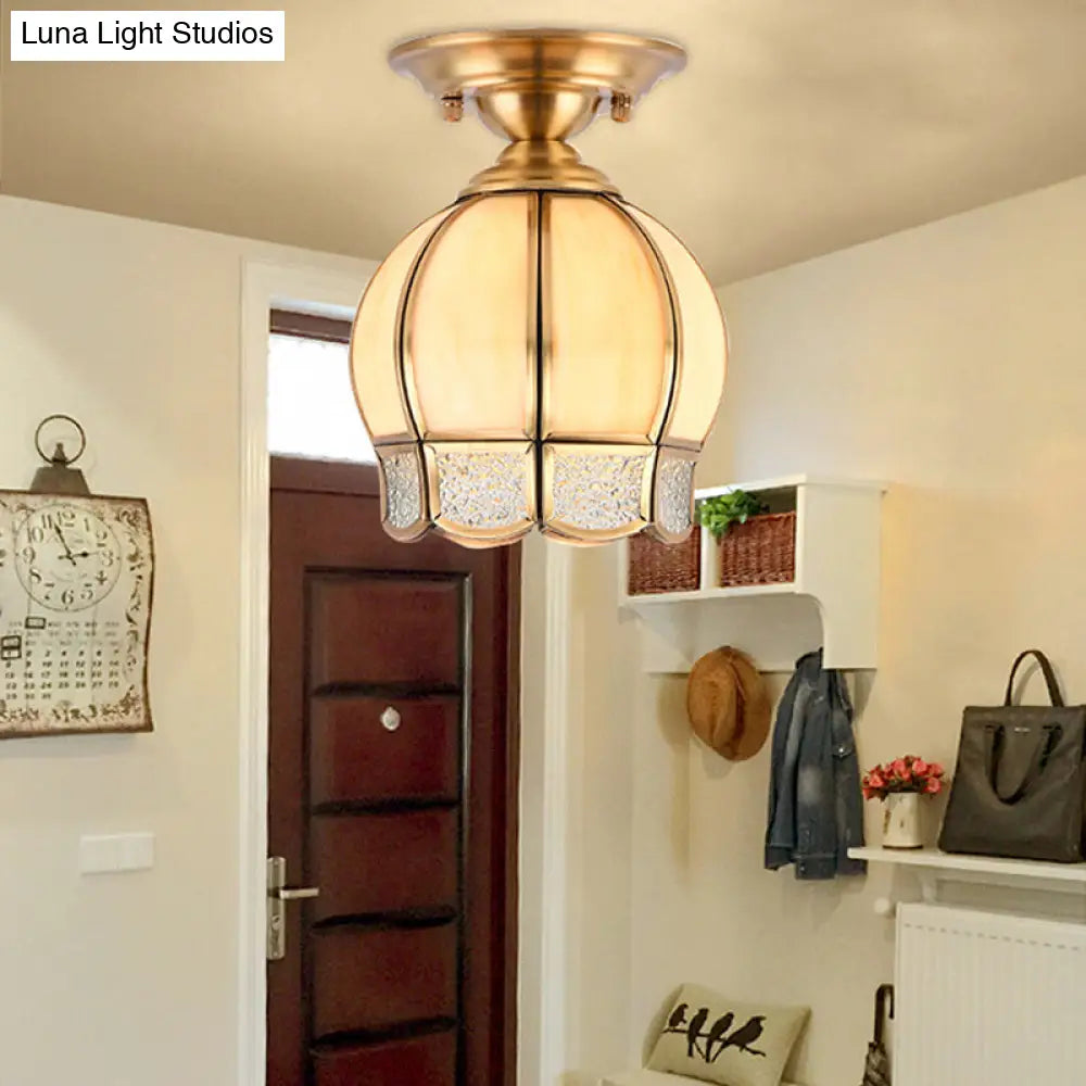 Semi Flush Mount Brass Lamp With Milk Glass Shade - Ceiling Light For Balcony