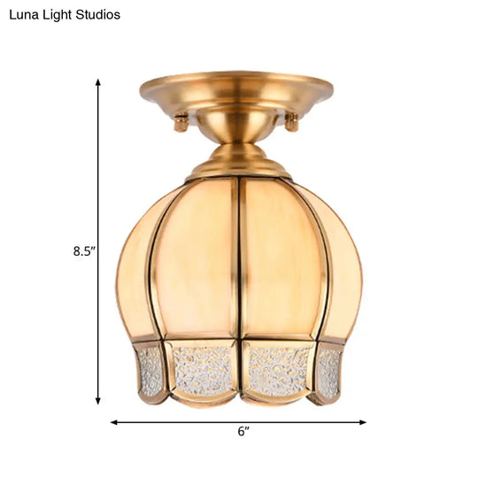 Semi Flush Mount Brass Lamp With Milk Glass Shade - Ceiling Light For Balcony