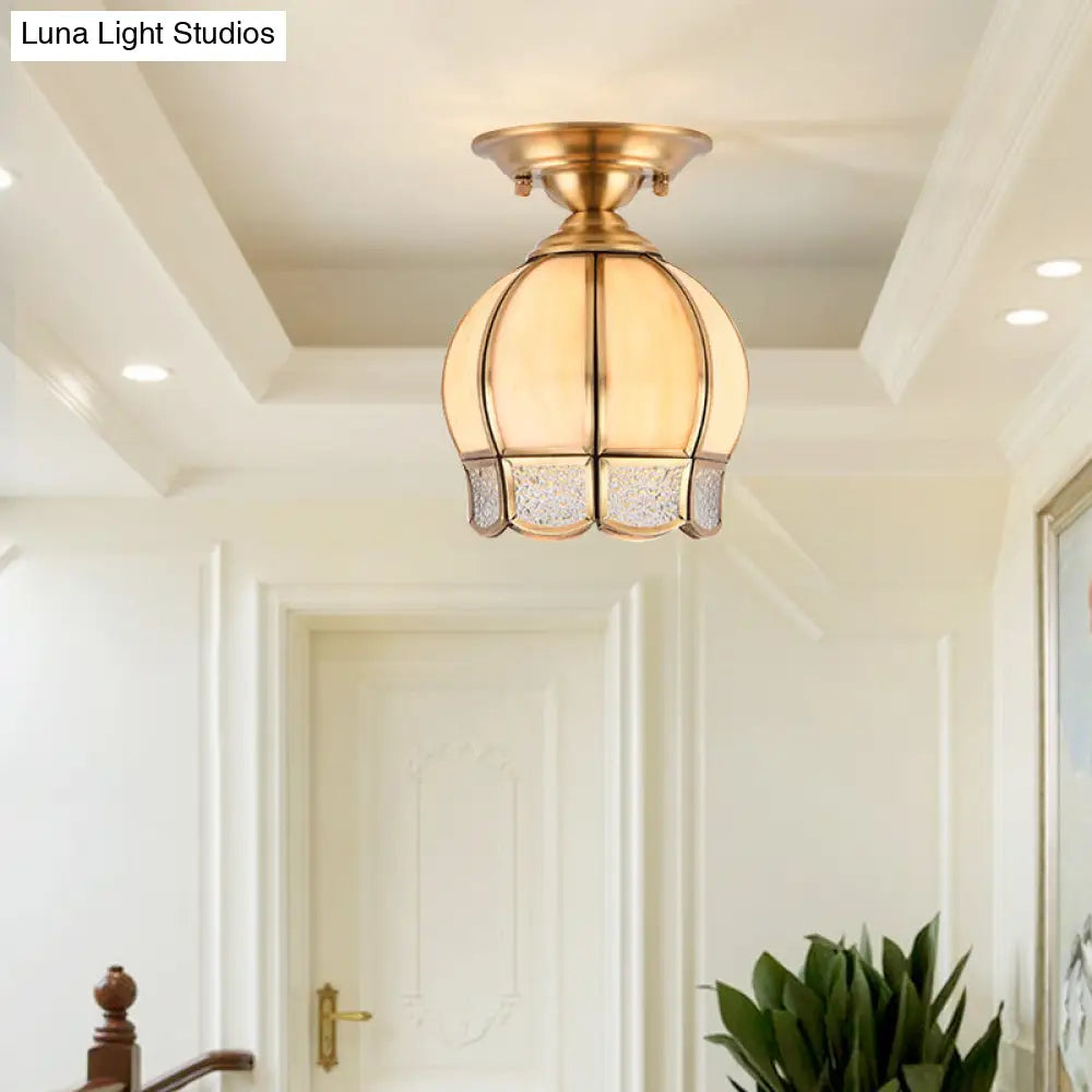 Semi Flush Mount Brass Lamp With Milk Glass Shade - Ceiling Light For Balcony