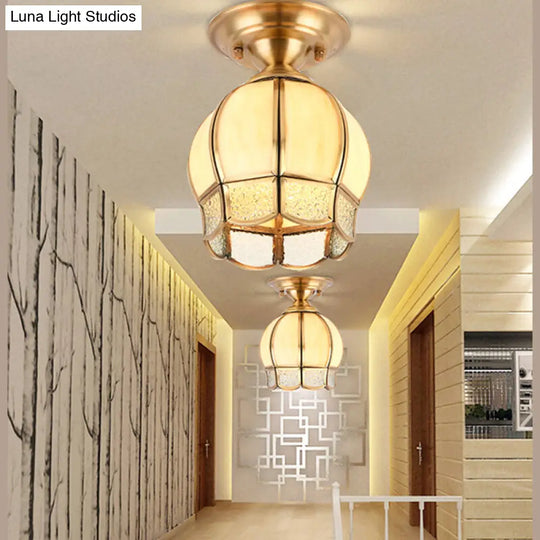 Semi Flush Mount Brass Lamp With Milk Glass Shade - Ceiling Light For Balcony