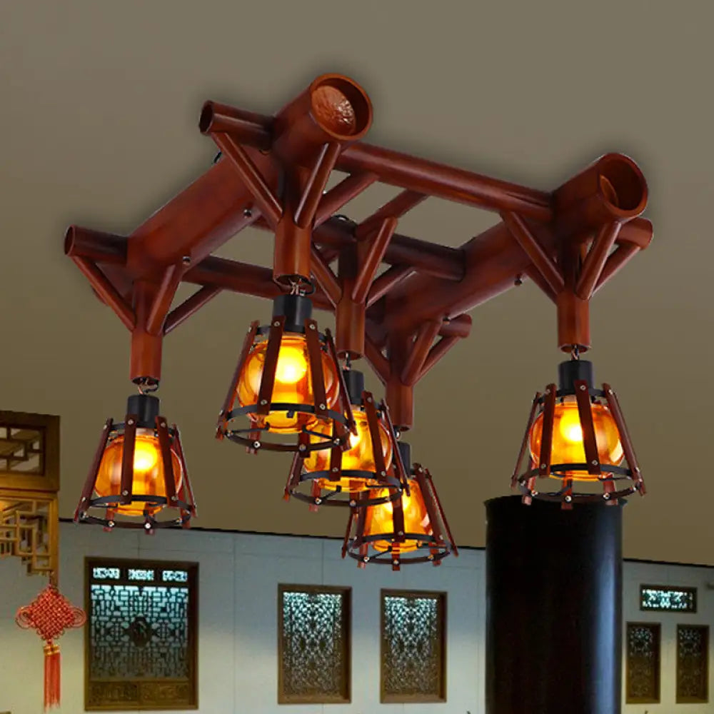Semi Flush Mount Conical Cage Wood Ceiling Light Fixture - 5 Heads Country Style In Brown