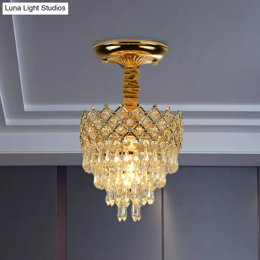 Semi Flush Mount Crystal Droplet Ceiling Lamp With Gold Crown Top - Traditional 1-Light For Sitting