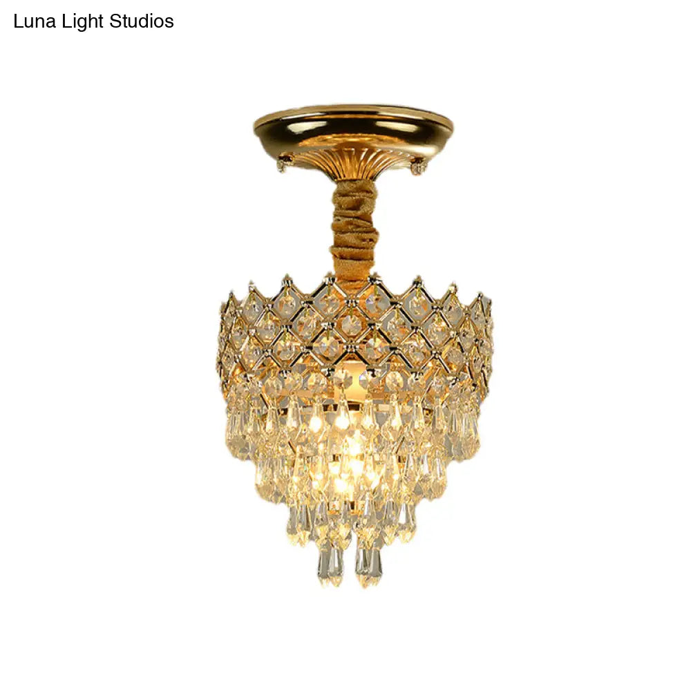 Semi Flush Mount Crystal Droplet Ceiling Lamp With Gold Crown Top - Traditional 1 - Light For
