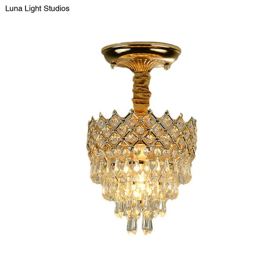 Semi Flush Mount Crystal Droplet Ceiling Lamp With Gold Crown Top - Traditional 1-Light For Sitting
