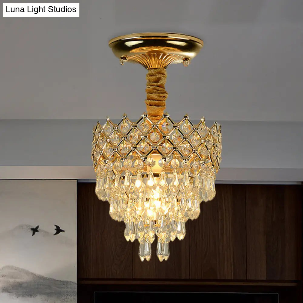 Semi Flush Mount Crystal Droplet Ceiling Lamp With Gold Crown Top - Traditional 1-Light For Sitting