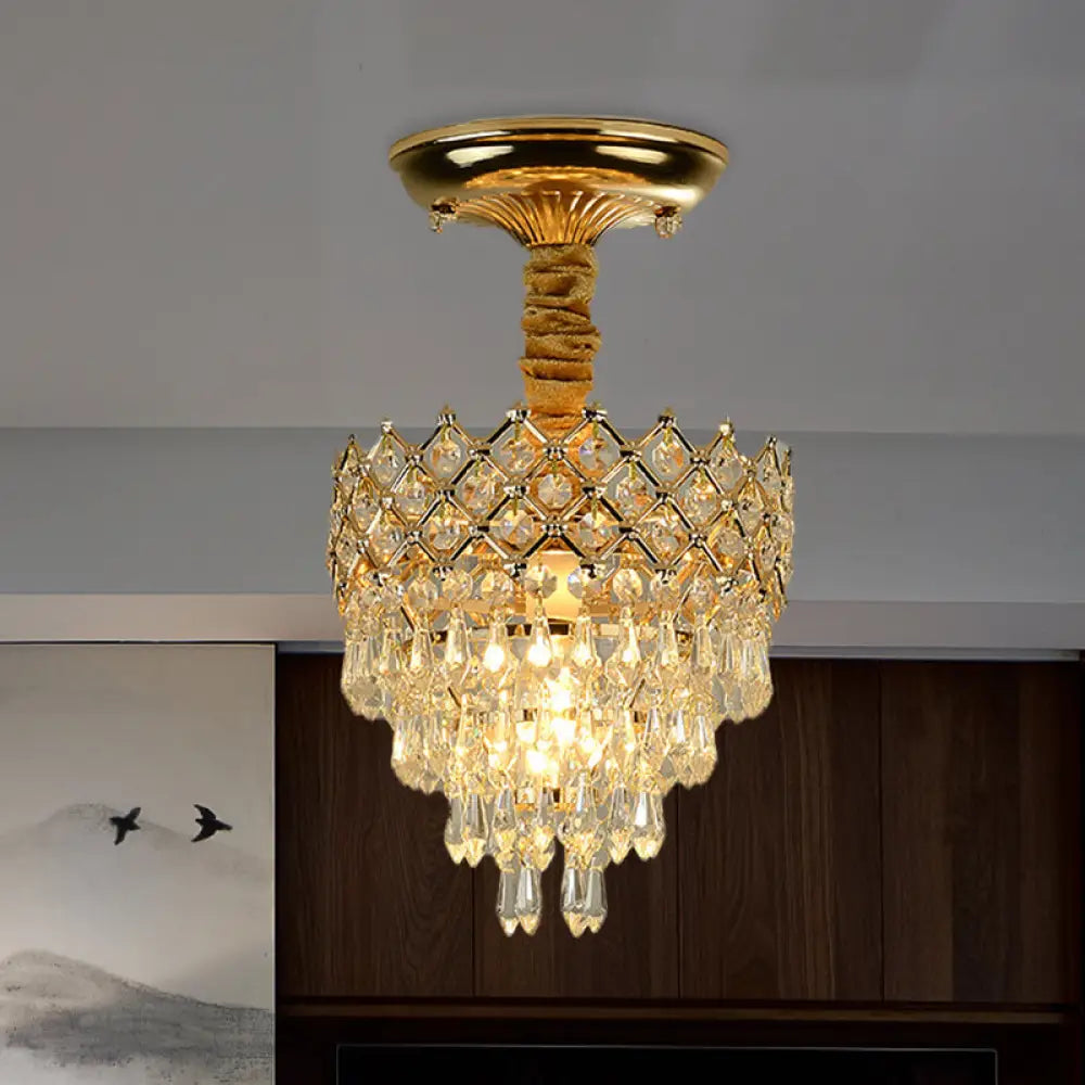 Semi Flush Mount Crystal Droplet Ceiling Lamp With Gold Crown Top - Traditional 1 - Light For