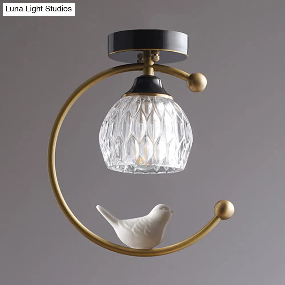 Semi Flush Mount Dining Room Ceiling Lamp - Dome Textured Glass With Brass C Arm And Bird Decor