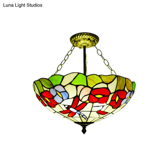 Semi-Flush Mount Dragonfly Ceiling Light - Colorful Blossom Design Perfect For Kitchen Traditional