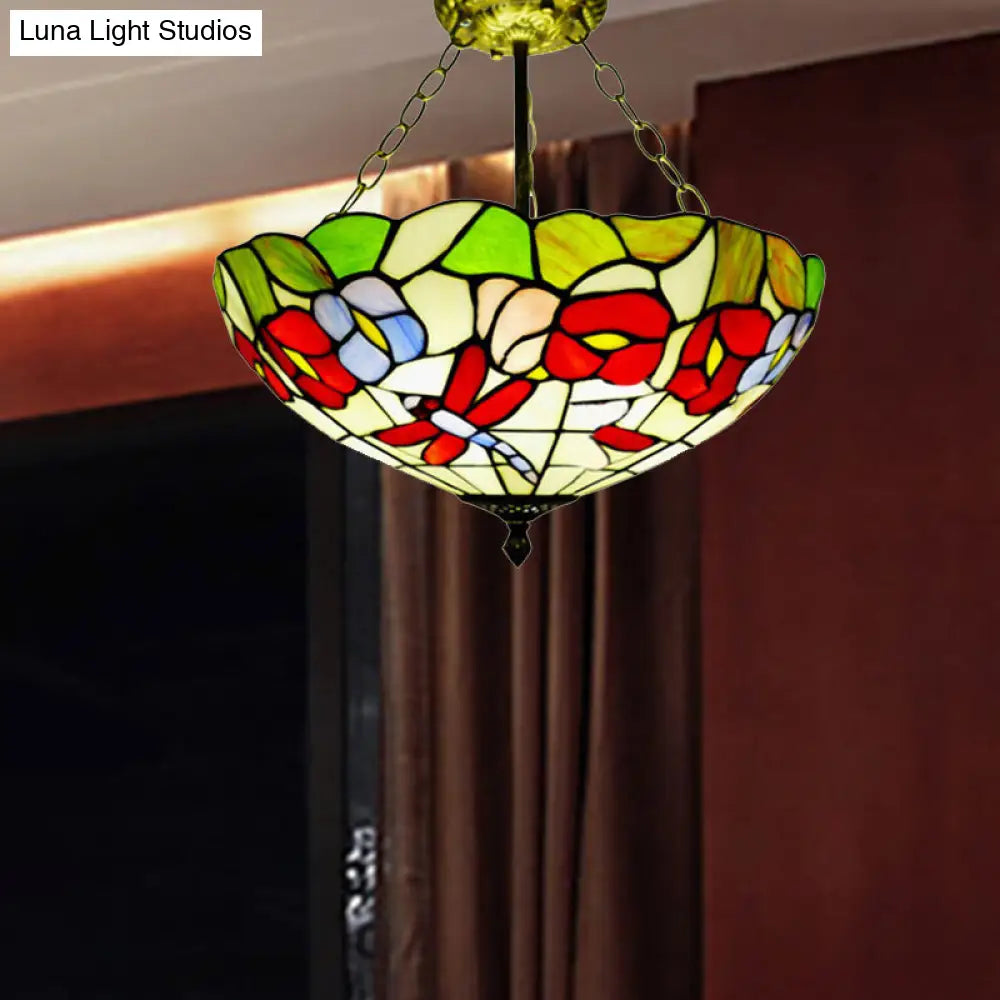 Semi-Flush Mount Dragonfly Ceiling Light - Colorful Blossom Design Perfect For Kitchen Traditional