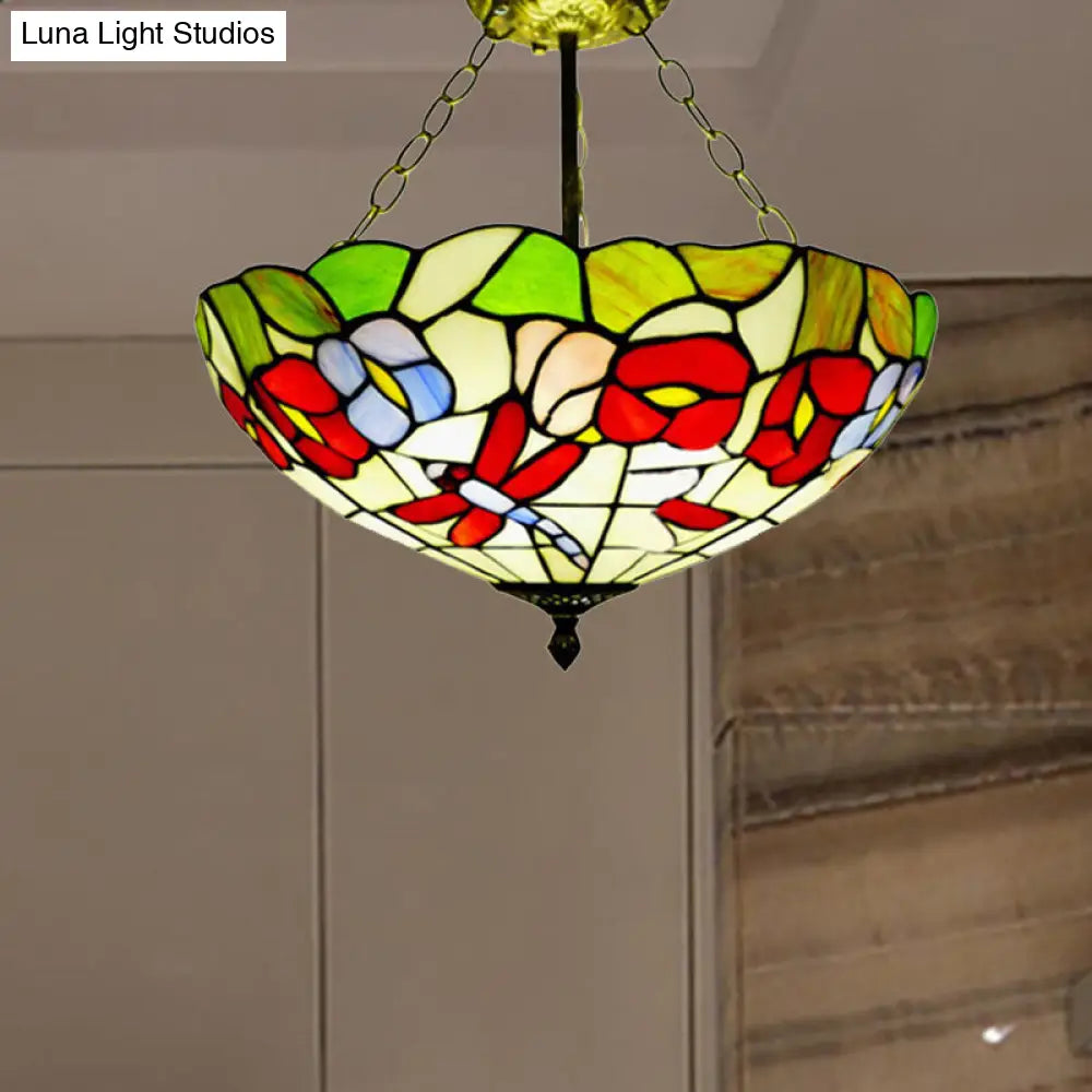 Semi-Flush Mount Dragonfly Ceiling Light - Colorful Blossom Design Perfect For Kitchen Traditional