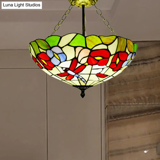 Semi-Flush Mount Dragonfly Ceiling Light - Colorful Blossom Design Perfect For Kitchen Traditional