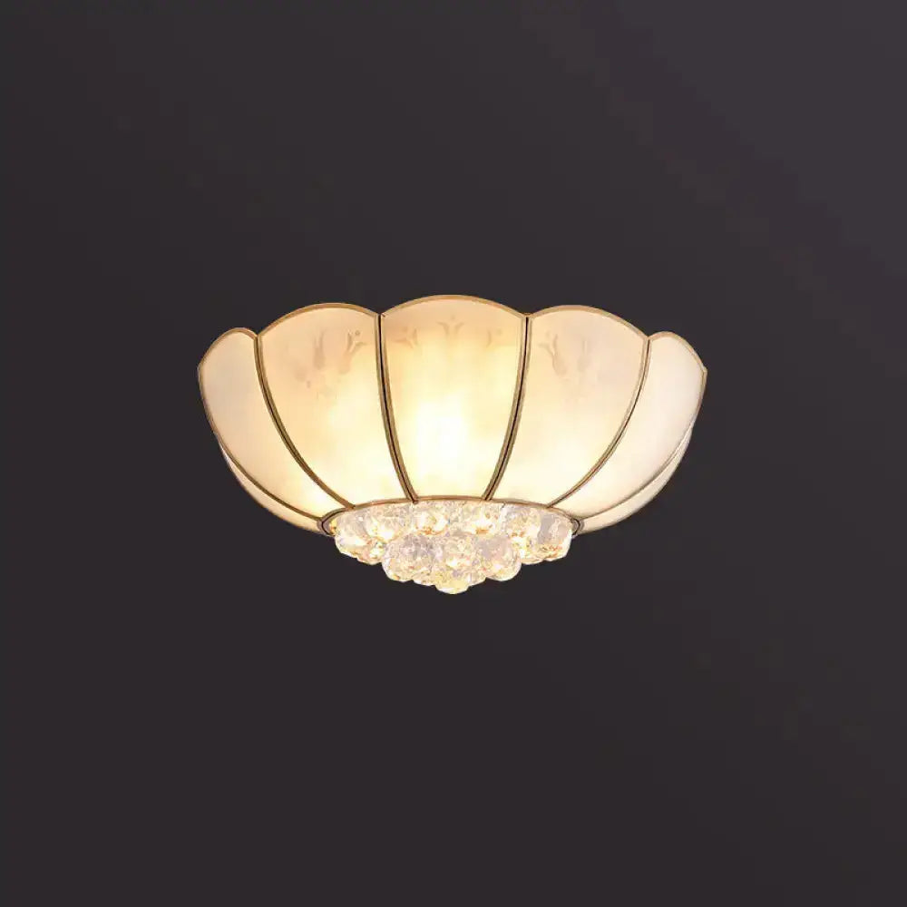 Semi Flush Mount Farmhouse Bowl Light With Frosted Glass Brass Finish And Orb Crystal Accent / 19.5’