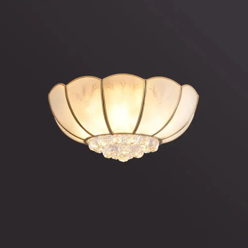 Semi Flush Mount Farmhouse Bowl Light With Frosted Glass Brass Finish And Orb Crystal Accent / 23’