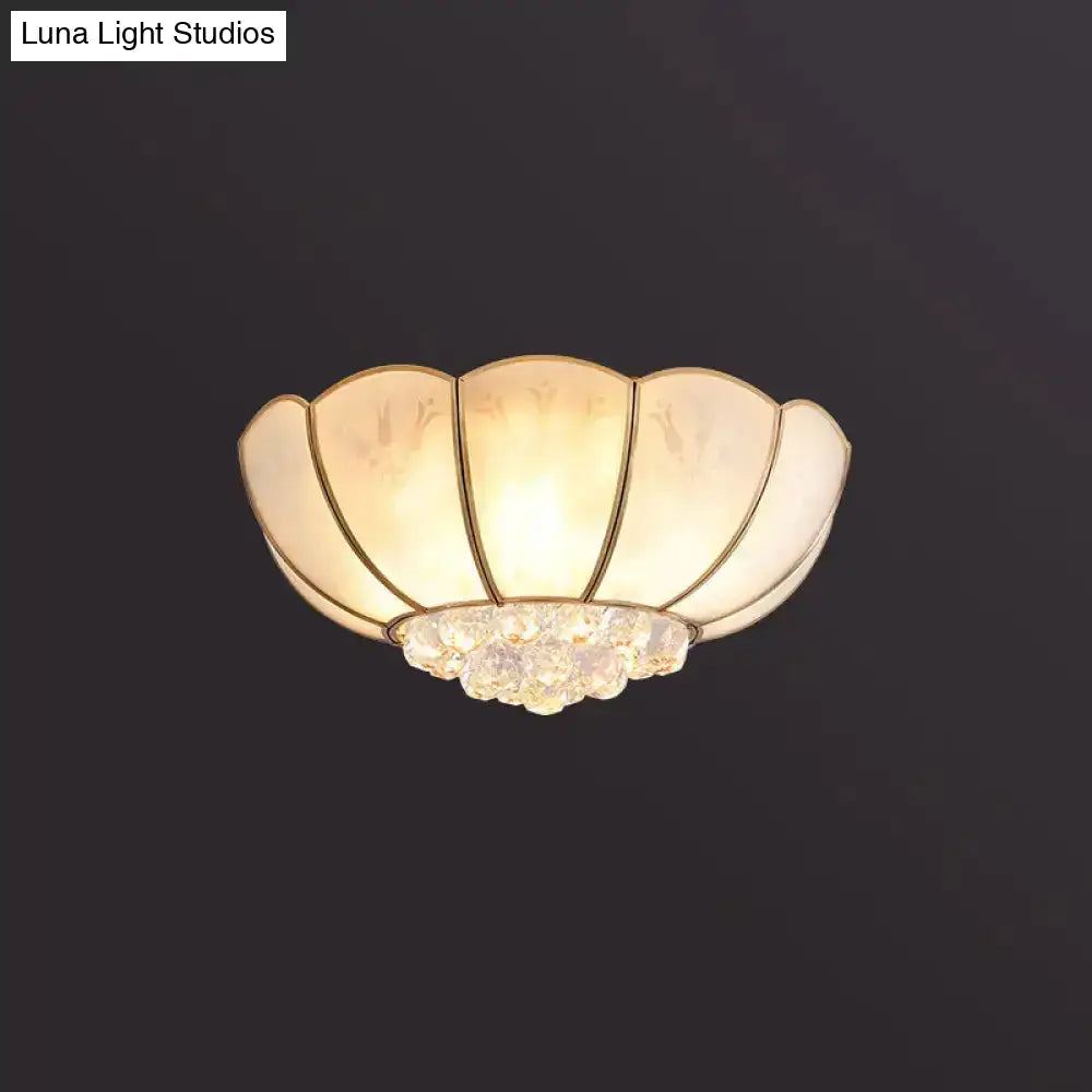 Semi Flush Mount Farmhouse Bowl Light With Frosted Glass Brass Finish And Orb Crystal Accent