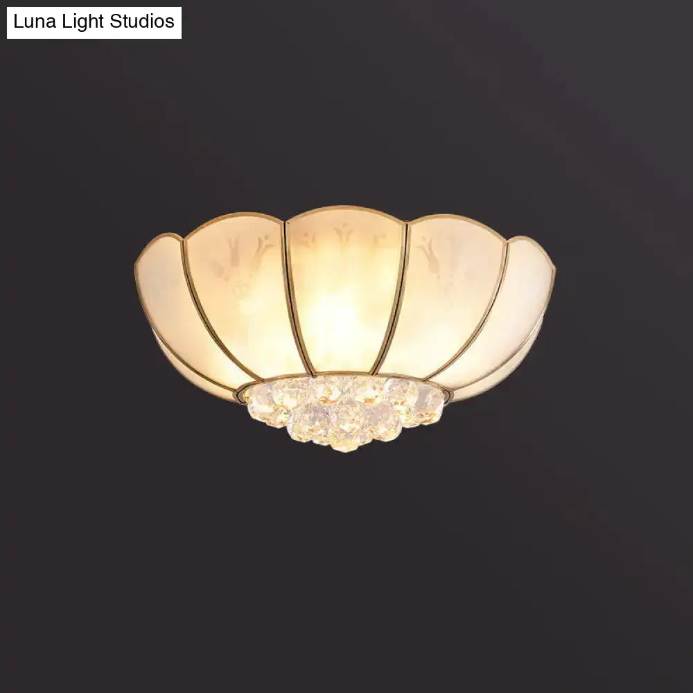 Semi Flush Mount Farmhouse Bowl Light With Frosted Glass Brass Finish And Orb Crystal Accent