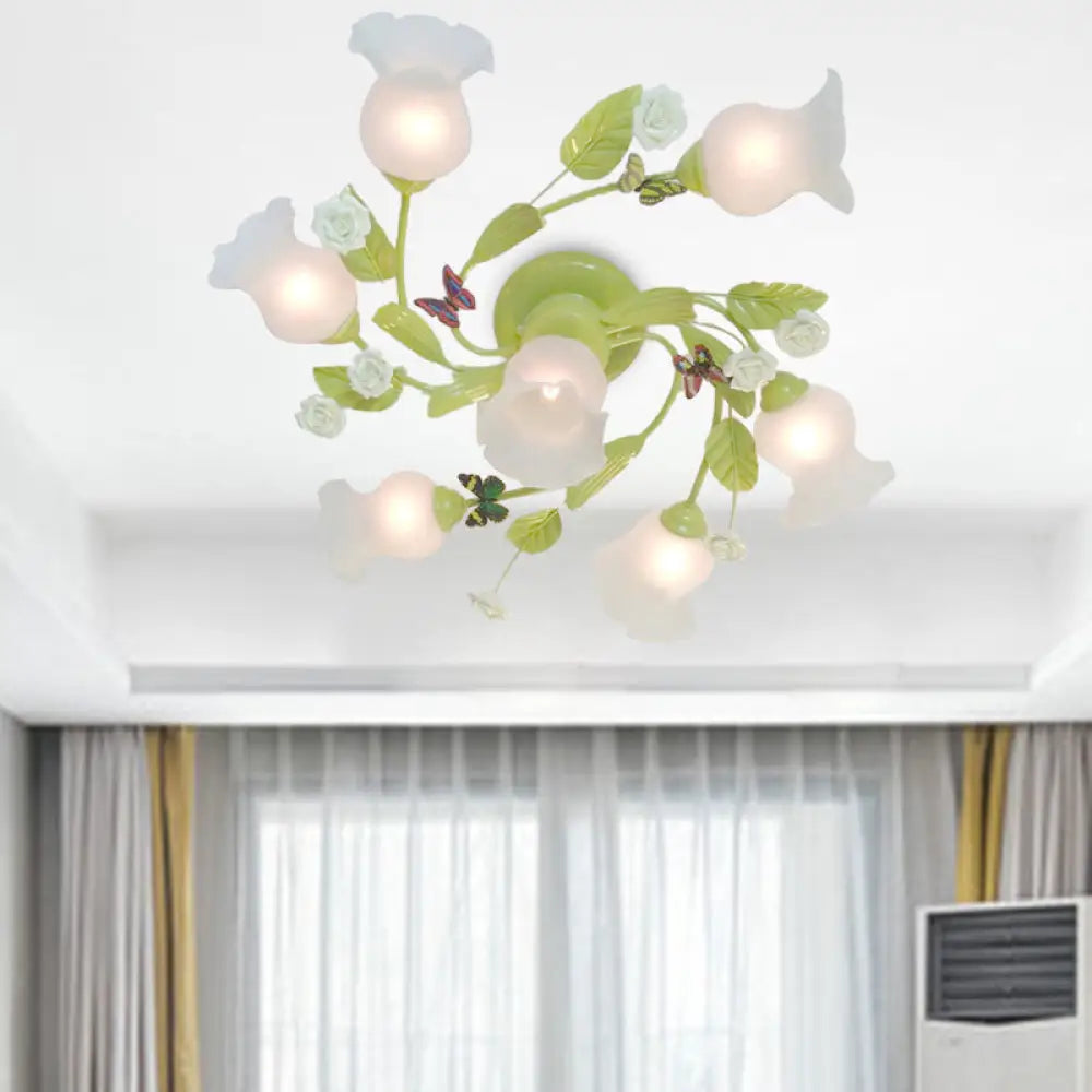 Semi Flush Mount Floral Chandelier For Bedroom - Green 7 Lights Pastoral Design With Frosted Glass