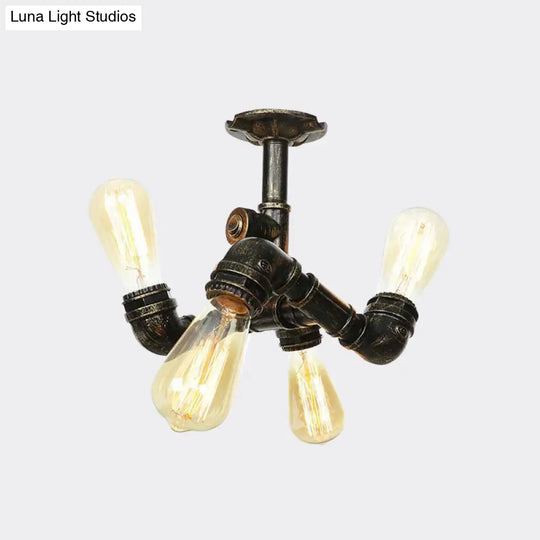 Semi Flush Mount Industrial Bare Bulb Ceiling Lighting In Bronze (3/4-Light Iron Flush)